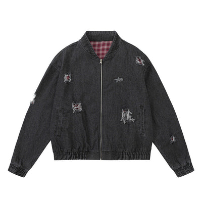 Vintage autumn and winter loose black washed distressed denim jacket with zipper and elastic cuffs