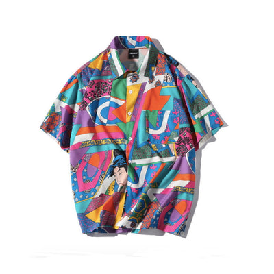 Men loose hip hop shirt with colorful abstract patterns and short sleeves