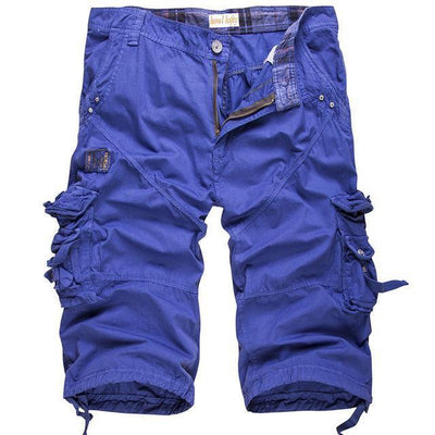 Men army cargo shorts in blue with multiple pockets and button closure