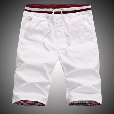 White cotton blended men's shorts with maroon striped elastic waistband and pockets, ideal for summer and beachwear, micro-elastic straight leg style