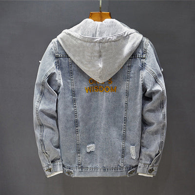 Autumn and winter embroidered ripped denim jacket with hood and lapel collar in slim fit style