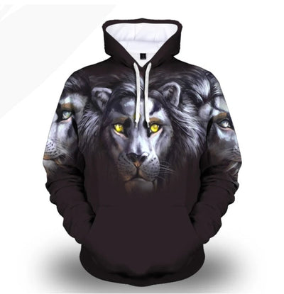 Men's hooded sweater with digital lion face print and white drawstrings, cotton blend fabric
