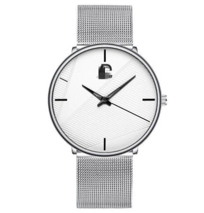 Waterproof quartz watch with silver alloy mesh strap and minimalist round dial