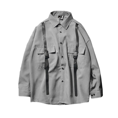 Retro wild striped black long-sleeved loose shirt with square collar and suspenders detail