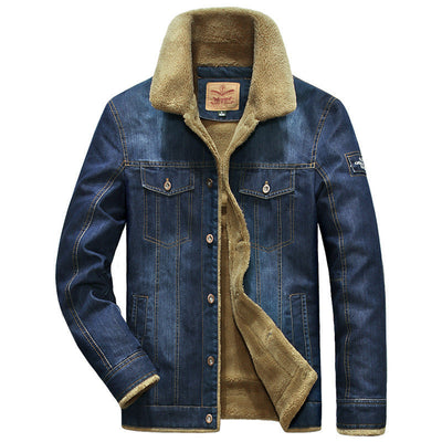 Men's winter denim jacket with thick cotton lining and fleece collar in dark blue