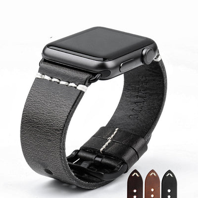 black leather watch belt with pin buckle for smartwatch