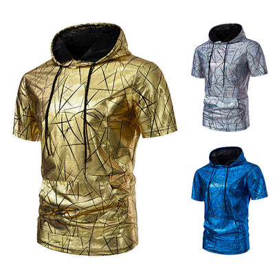 Men's T-shirt summer punk pullover hoodie in gold, silver, and blue with abstract black line design