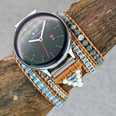 Bohemian wrap watch band with stone beads and leather strap on smartwatch