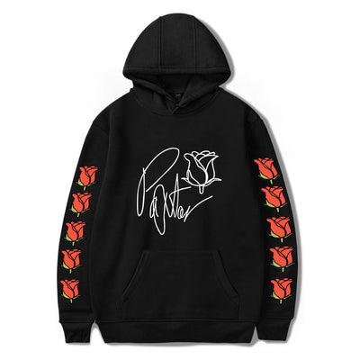 Black unisex hoodie with printed red roses on sleeves and white rose graphic on front