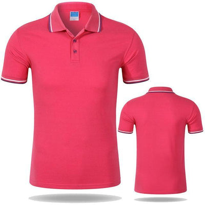 Men's casual design polo shirt in pink with white trim, 85% cotton and 15% polyester blend.