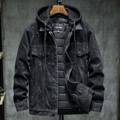 Black winter plus cotton thick denim jacket with hood and quilted velvet lining