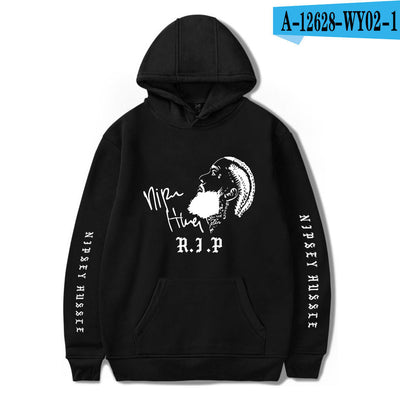 Black Memorial Shirt Hoodie with R.I.P graphic and sleeve text design