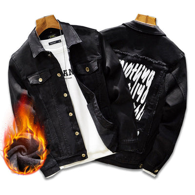 Men's black thickened denim jacket with warm polyester filling and stylish printed back design