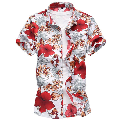 Men's short sleeve shirt with floral pattern and lapel collar in red and white polyester fabric