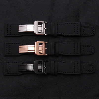 Black nylon watch strap with stainless steel buckle in silver, rose gold, and black colors for 22mm IW388001 IW389001 watches