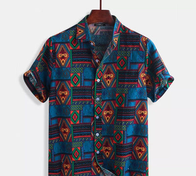 Men's cotton short sleeve printed beach shirt with colorful lattice pattern and lapel collar