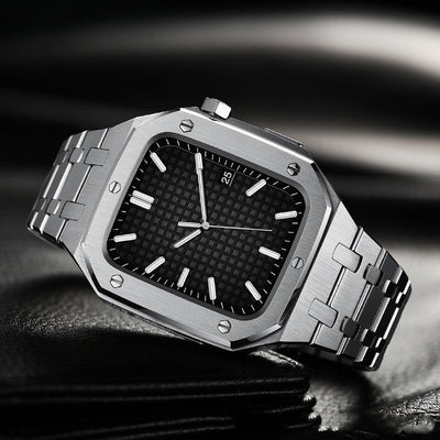 Silver metal case modification watch with black textured dial and stainless steel strap