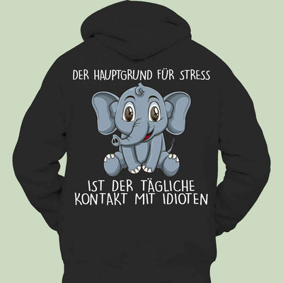 Plus size black hoodie with cute elephant print and German text, casual polyester sweatshirt for stress relief messages.