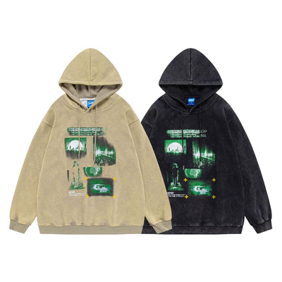 Loose couple hoodie shirt in card green and black with retro print, cotton fabric, long sleeves, and round neck design.