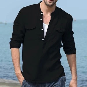 Men's black long sleeve cotton and linen shirt with front buttons and casual fit