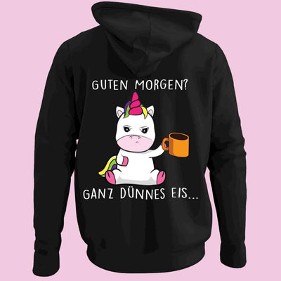 Plus size black hoodie with unicorn graphic and German text for custom advertising shirt printing