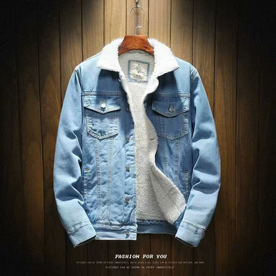 Men's winter denim jacket with warm cotton lining and shearling collar on wooden hanger.