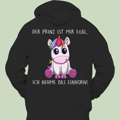 Black plus size hoodie with colorful unicorn print and German text on back, casual polyester sweatshirt